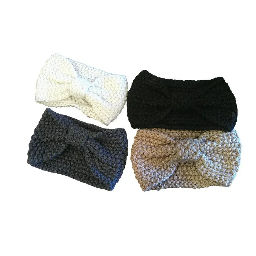Bow Crochet Knit Headbands 4-Pack | Brown Black White Gray | 8